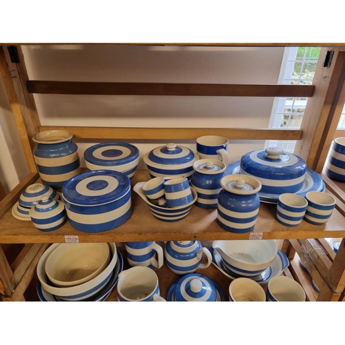 1690 - A large collection of T G Green & Co Cornishware jugs, jars and related, all unnamed, various da... 