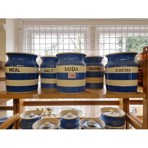 1700 - Ten T G Green & Co Cornishware storage jars and covers, largest 18.5cm high, (s.d.).   ... 