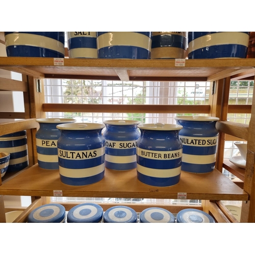 1700 - Ten T G Green & Co Cornishware storage jars and covers, largest 18.5cm high, (s.d.).   ... 