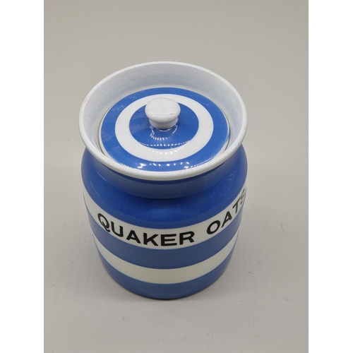 1687 - A rare T G Green & Co Cornishware 'Quaker Oats' storage jar and cover, black backstamp, 15cm hig... 