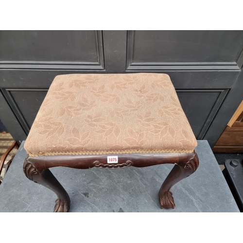 1075 - A 1930s, 18th century style, carved walnut and upholstered stool, 55cm wide. ... 