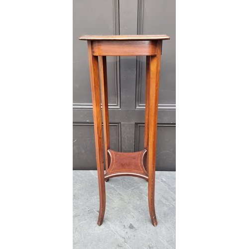 1107 - An Edwardian mahogany, chequer and line inlaid torchere, 90cm high.