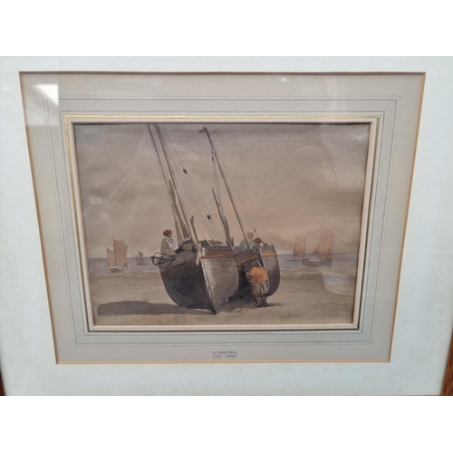 1379 - A mixed group of pictures and prints, to include J Cristall, 'Boats, Beach, Hastings', signed, inscr... 