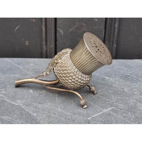 1438 - An unusual electroplated novelty thistle leaf pounce pot or sugar caster, 16cm long.... 