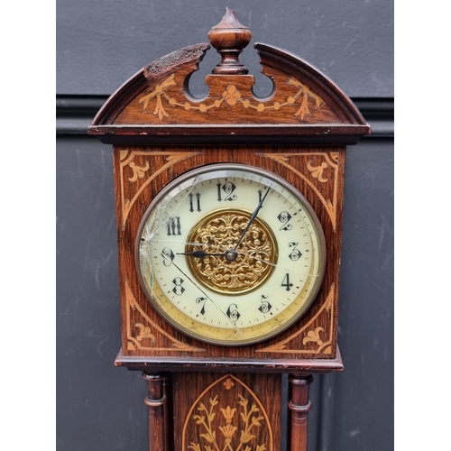 1512 - A circa 1900 rosewood and marquetry miniature longcase timepiece, 44.5cm high, (s.d.).... 