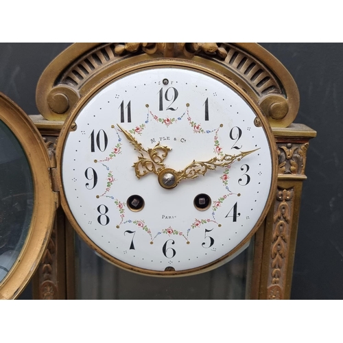 1514 - A late 19th century French gilt brass and marble four glass mantel clock, the 12cm painted enamel di... 