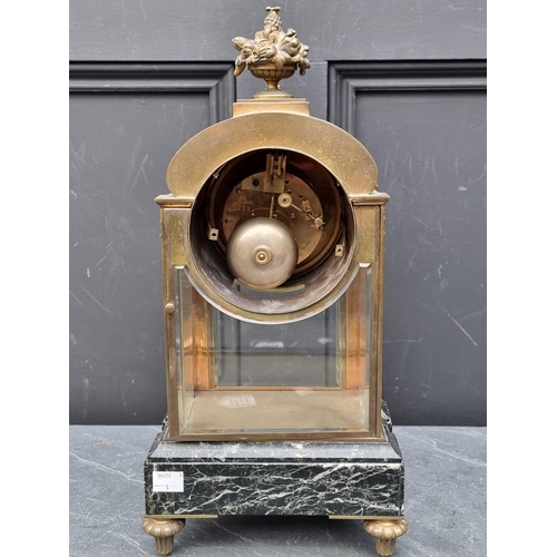 1514 - A late 19th century French gilt brass and marble four glass mantel clock, the 12cm painted enamel di... 