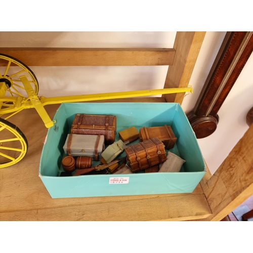 1711 - An old scratch built painted wood model stage coach, the wheel base 24.5cm; together with a similar ... 