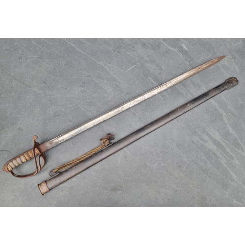 103 - An antique cavalry officer's sword and scabbard, possibly 1821 pattern, with 83cm fullered blade, th... 