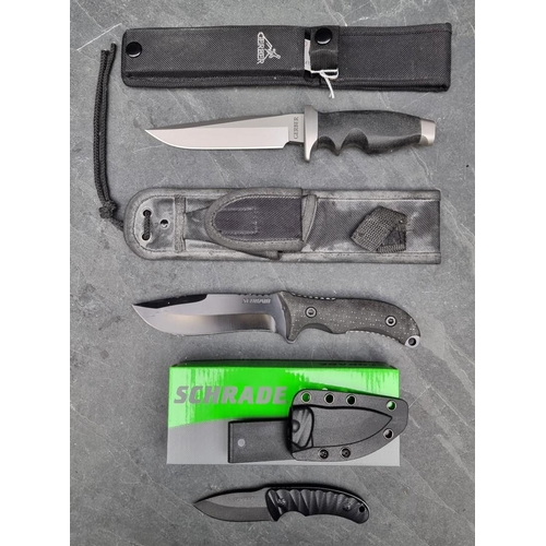 105 - A Gerber hunting knife and sheath, having 15.5cm blade; together with a Schrade SCHF26 knife and she... 