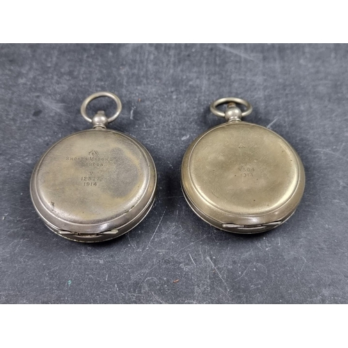 184 - Two WWI British military Mk.V nickel plated pocket compasses, by Short & Mason, London, dated 19... 