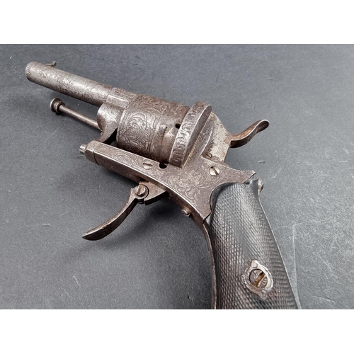 2 - A mid 19th century Belgian six shot pin-fire pocket revolver, with 7cm barrel, folding trigger, cheq... 