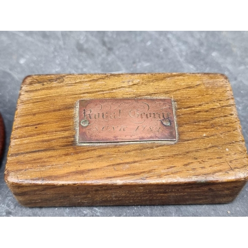 248 - A oak box and cover, bearing copper plaque inscribed 'Royal George Sunk 1782', 10cm wide; together w... 