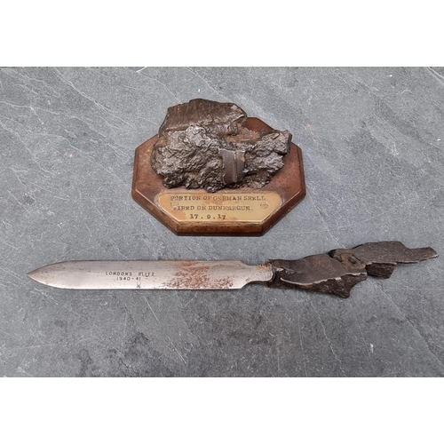 257 - A WWII shrapnel paper knife, inscribed 'London's Blitz 1940-41, 28cm; together with another piece of... 