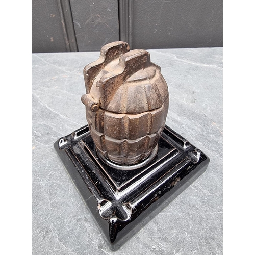 258 - A WWI novelty grenade inkwell, the pottery base inscribed 'Memento Of The Great War - Actual Hand Gr... 