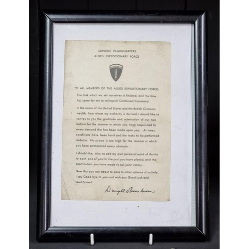 272 - A printed copy of Dwight D Eisenhower's D-Day motivational statement to the troops, 23 x 15.2cm, fra... 