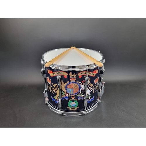 297 - A Royal Marine Vanguard series side drum, with a pair of matching drumsticks and straps.... 