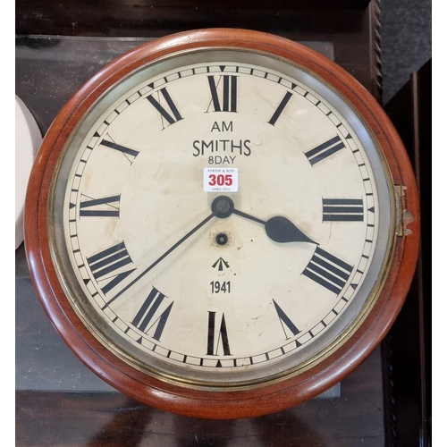 305 - A mahogany fusee wall clock, the 11 1/2in dial inscribed 'AM, Smiths 8 Day, 1941' and with broad arr... 