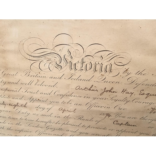 309 - A signed Queen Victoria document, to Arthur John Hay, appointing him Captain in the Volunteer Force,... 