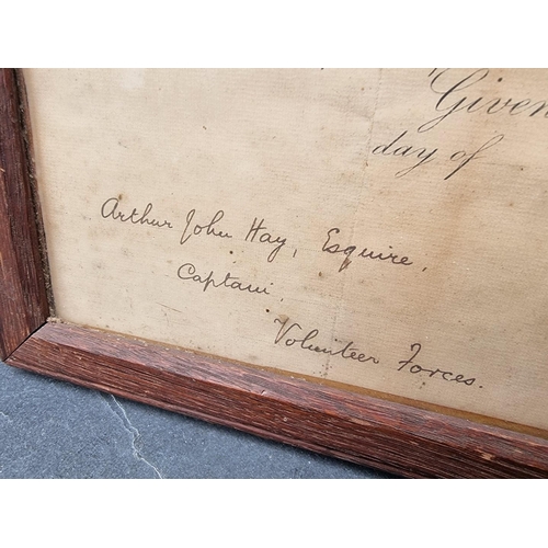 309 - A signed Queen Victoria document, to Arthur John Hay, appointing him Captain in the Volunteer Force,... 