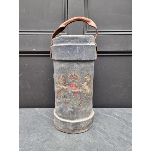 312 - A blue canvas military shot bucket, decorated Royal Cipher, with leather handle, 45cm high.... 