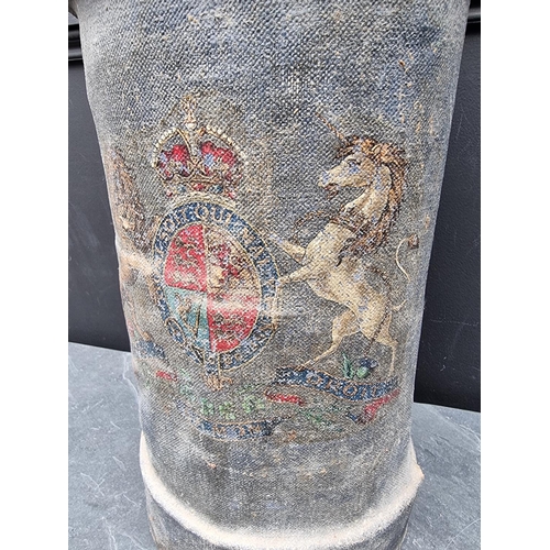 312 - A blue canvas military shot bucket, decorated Royal Cipher, with leather handle, 45cm high.... 