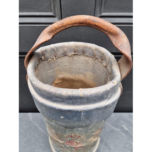 312 - A blue canvas military shot bucket, decorated Royal Cipher, with leather handle, 45cm high.... 