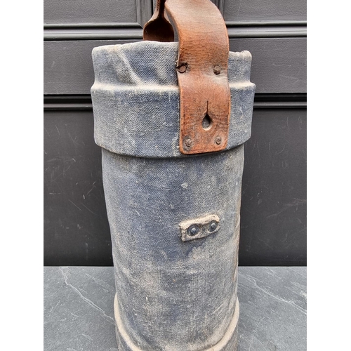 312 - A blue canvas military shot bucket, decorated Royal Cipher, with leather handle, 45cm high.... 