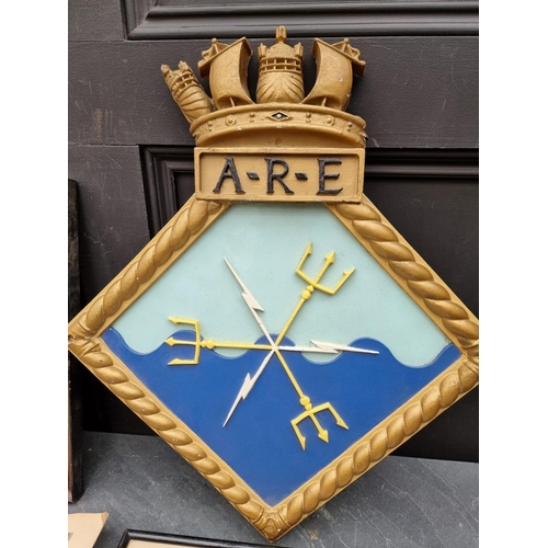 332 - A carton of Royal Navy ephemera and a plaque.