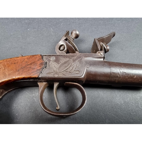 6 - A 19th century flintlock pocket pistol, by H. Nock, engraved box lock, twist off 1.5in barrel and sa... 