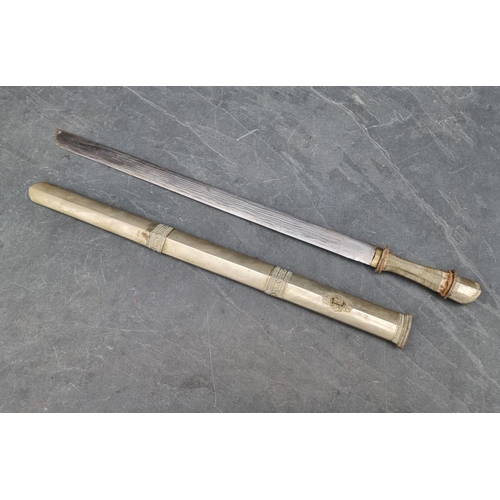 96 - A Tibetan dpa'dam long sword and scabbard, with traditionally made 68cm blade, wire grip and plated ... 