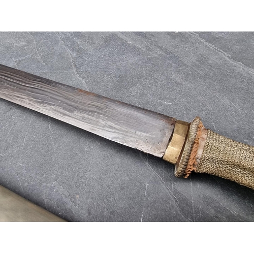 96 - A Tibetan dpa'dam long sword and scabbard, with traditionally made 68cm blade, wire grip and plated ... 