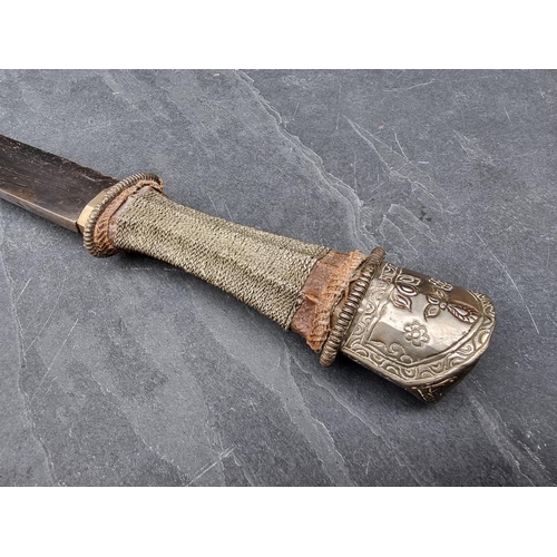 96 - A Tibetan dpa'dam long sword and scabbard, with traditionally made 68cm blade, wire grip and plated ... 