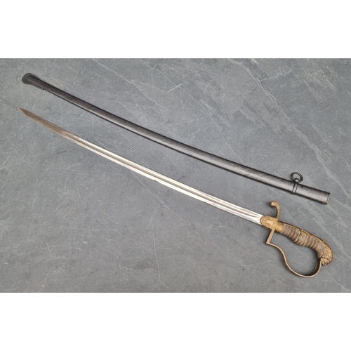 98 - A German Imperial officer's lionhead sabre and steel scabbard, having 76cm fullered blade.... 