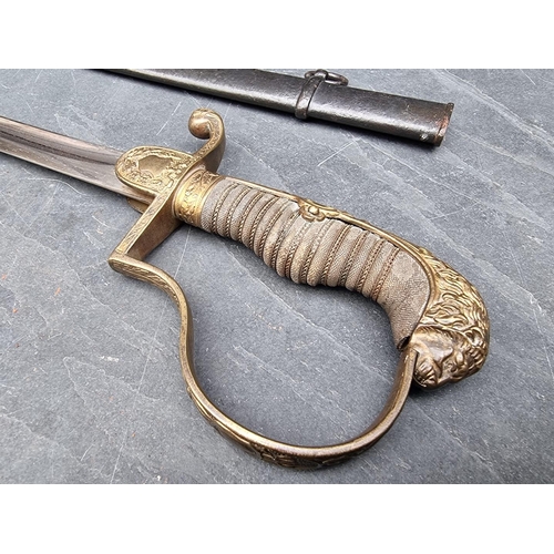 98 - A German Imperial officer's lionhead sabre and steel scabbard, having 76cm fullered blade.... 