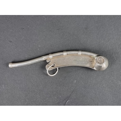 305 - A silver bosun's whistle, by Hilliard & Thomason, 12cm long, 19g.