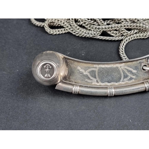 306 - A silver bosun's whistle, by George Unite, Birmingham 1957, 10.5cm long, on a white metal lanyard, g... 