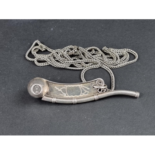 306 - A silver bosun's whistle, by George Unite, Birmingham 1957, 10.5cm long, on a white metal lanyard, g... 