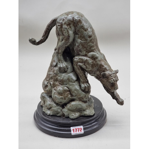 1188 - After Antoine-Louis Barye, a patinated bronze panther, on marble base, 30cm high.