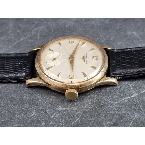 653 - A circa 1966 Longines 9ct gold manual wind wristwatch, 33mm, Ref. 12908386, on black lizard strap.... 