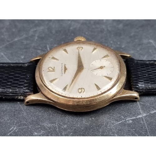 653 - A circa 1966 Longines 9ct gold manual wind wristwatch, 33mm, Ref. 12908386, on black lizard strap.... 