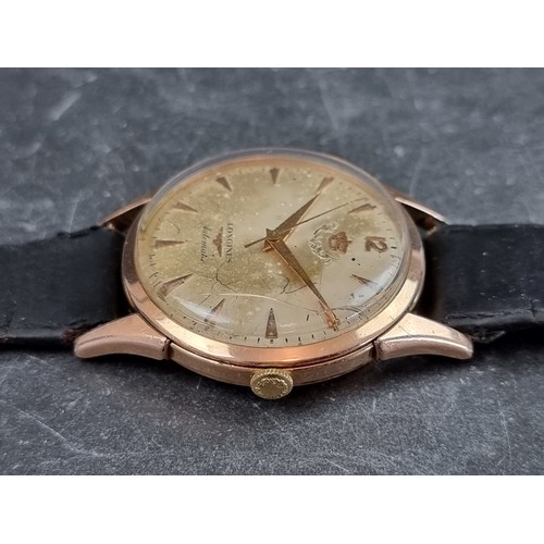 654 - A 1950s Longines 'King Hussein of Jordan' dial gold plated automatic wristwatch, 35mm, on black leat... 