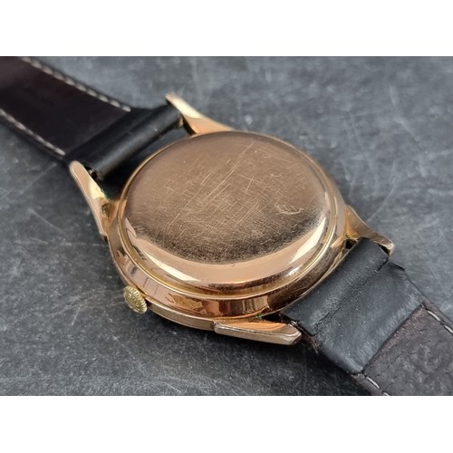 654 - A 1950s Longines 'King Hussein of Jordan' dial gold plated automatic wristwatch, 35mm, on black leat... 