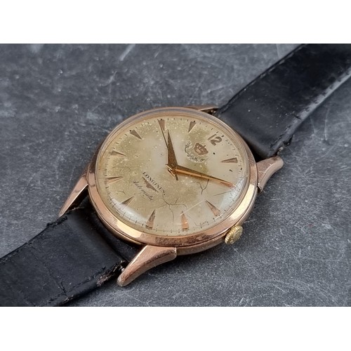 654 - A 1950s Longines 'King Hussein of Jordan' dial gold plated automatic wristwatch, 35mm, on black leat... 