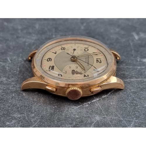 656 - A Chronographe Suisse 18ct gold manual wind wristwatch, 37mm, lacking strap.