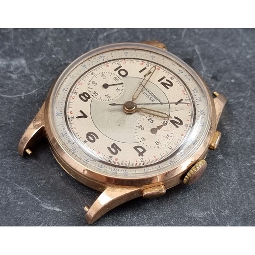 656 - A Chronographe Suisse 18ct gold manual wind wristwatch, 37mm, lacking strap.