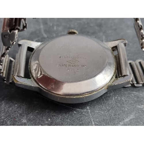 696 - A circa 1950s Accurist stainless steel manual wind wristwatch, 32mm, on stainless steel bracelet.... 