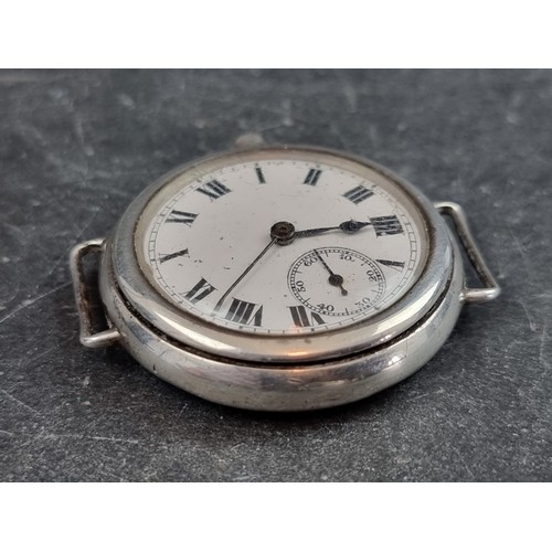 698 - A WWI silver manual wind trench watch, 34mm, lacking strap and crown.