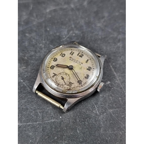 699 - A 1930s Bulova stainless steel manual wind wristwatch, 29mm, (lacking strap).