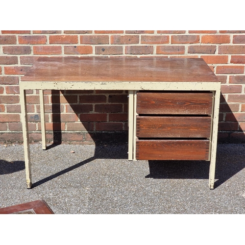 1007 - A vintage industrial painted metal and stained pine desk and matching plan chest, each 120cm wide.... 